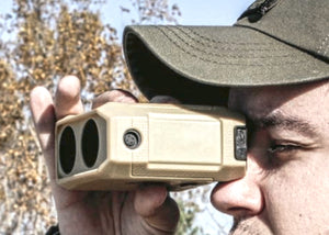 Newcon LRM-3500M Laser Range Finder Monocular, In Use, Tan Sleeve shown