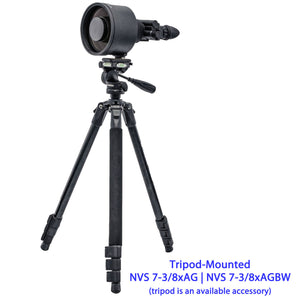 NVS 7-3/8xAG Gen3 Autogated Night Vision Binoculars shown mounted to a tripod (not included)