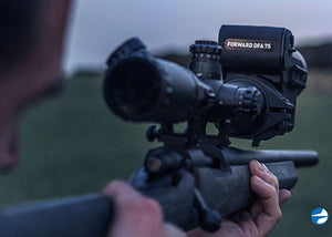 Pulsar Forward DFA75 Digital Clip-On Night Vision Scope, shown mounted to day vision scope