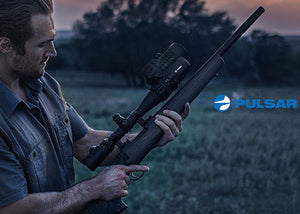 Pulsar Forward DFA75 Digital Clip-On Night Vision Scope, shown mounted to day vision scope