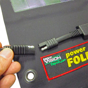 powerFold Solar Battery Charger showing waterproof 12VDC output power connection.